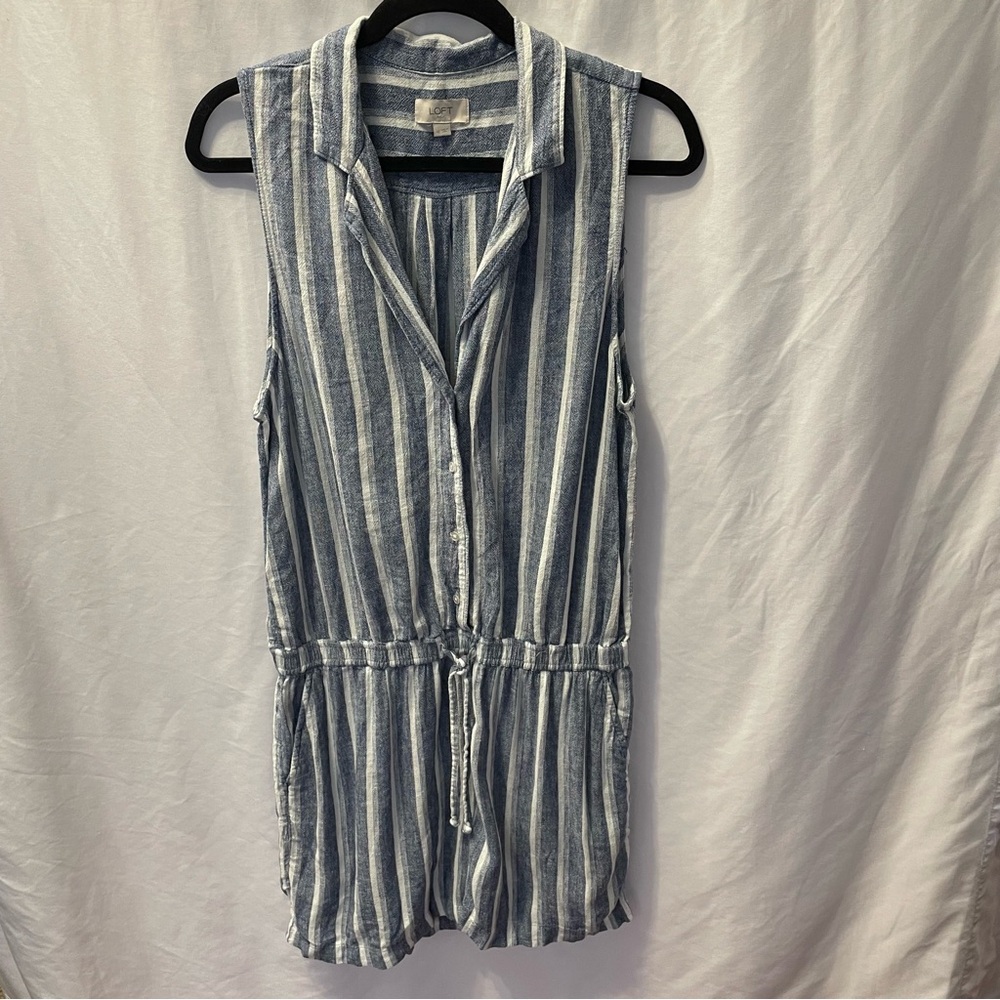 Loft Romper Linen Blend Striped Sleeveless Pockets‎ Summer Vacation Nautical 10